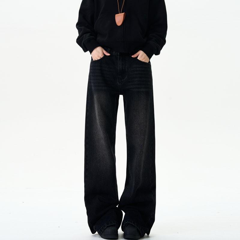 

Unisex High-Waist Wide-Leg Distressed Denim Jeans - Dark Wash, Trendy Retro Style Small