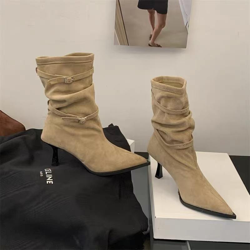 Fashionable Sharp Pointed Toe Thin Heel Mid-Calf Boot Women's Velvet Surface French Style High Heels Shoes Slim Short Boot Women