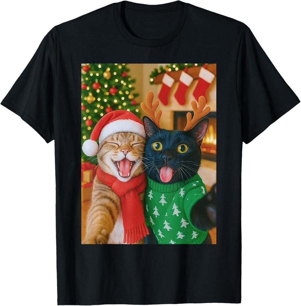 Смешной Мем Кот Делает Селфи Рождественская Елка Рождественские Огни Футболка S