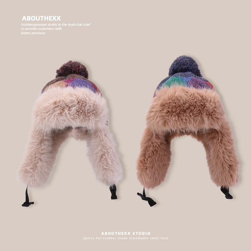 Dopamine Checkered Hat for Women New Winter Woolen Hat with Thick Headband Cold Proof Plush Ear Protecting Lei Feng Hat for Men