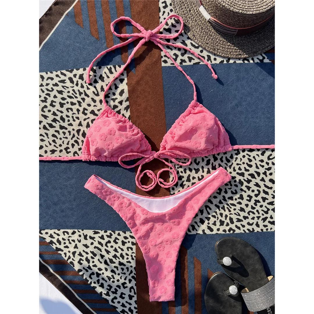 

Сексуальный бразильский купальник-бикини с завязками на шее и средней талией, женский купальник, комплект бикини из двух частей, купальный костюм для плавания M розовый