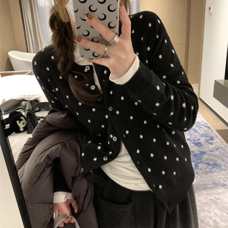 Spring and Autumn Polka Dot Knitted Cardigan Ins Women's Layered Design Sense Versatile Slimming Long Sleeved Top