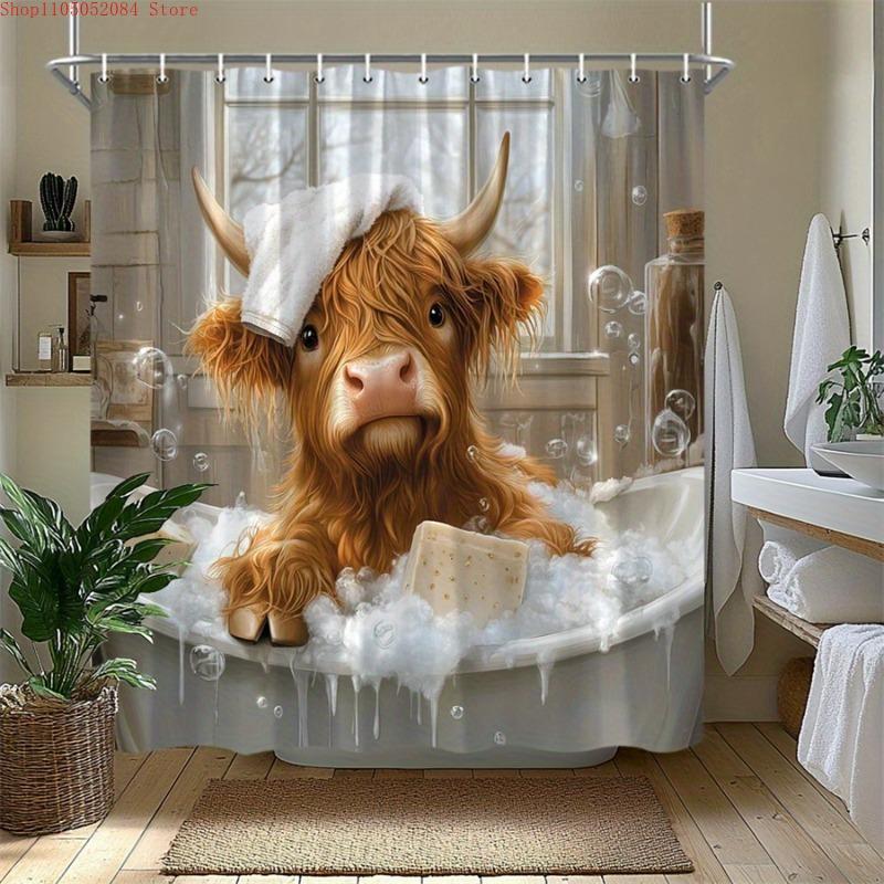 1pc Highland Cow In Bathtub Bath Curtain Cute Cow Towel Head -   With Hooks Waterproof Mildew Proof Easy Install Washable