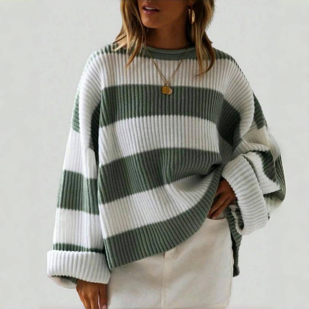 2KWEIRD Rundhals Langarm Gestreifter Pullover für Damen Mode Glockenärmel Locker Gestrickte Pullover Y2k Preppy-Stil
