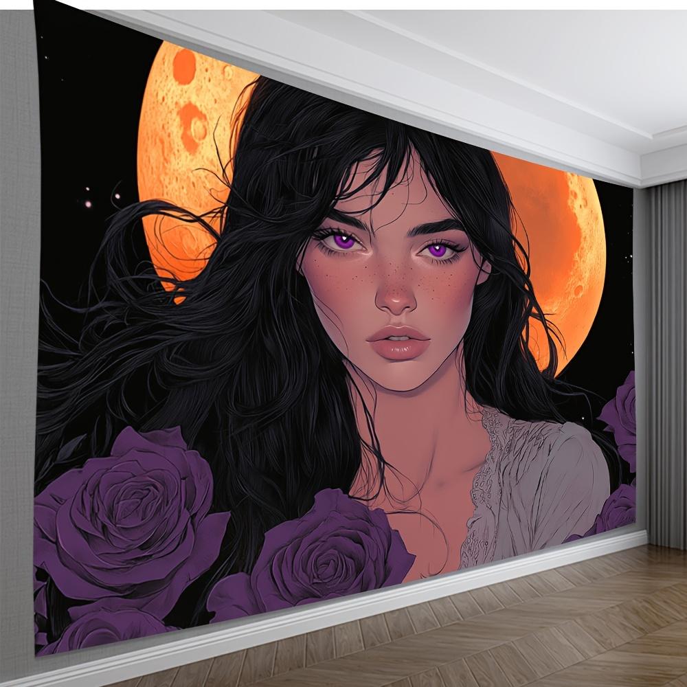

Vibrant AnimeStyle Wall Tapestry Featuring Long Black Hair Purple Eyes Woman Romantic Moonlit Scene with Roses Polyester 74x94cm(29x37in)