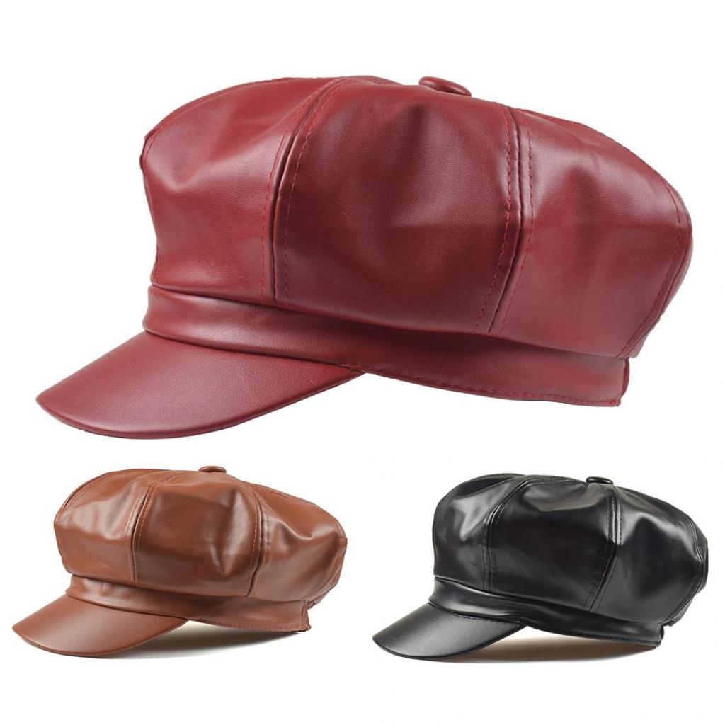 Women Vintage Faux Leather Solid Color Outdoor Beret Painter Flat Hat Peaked