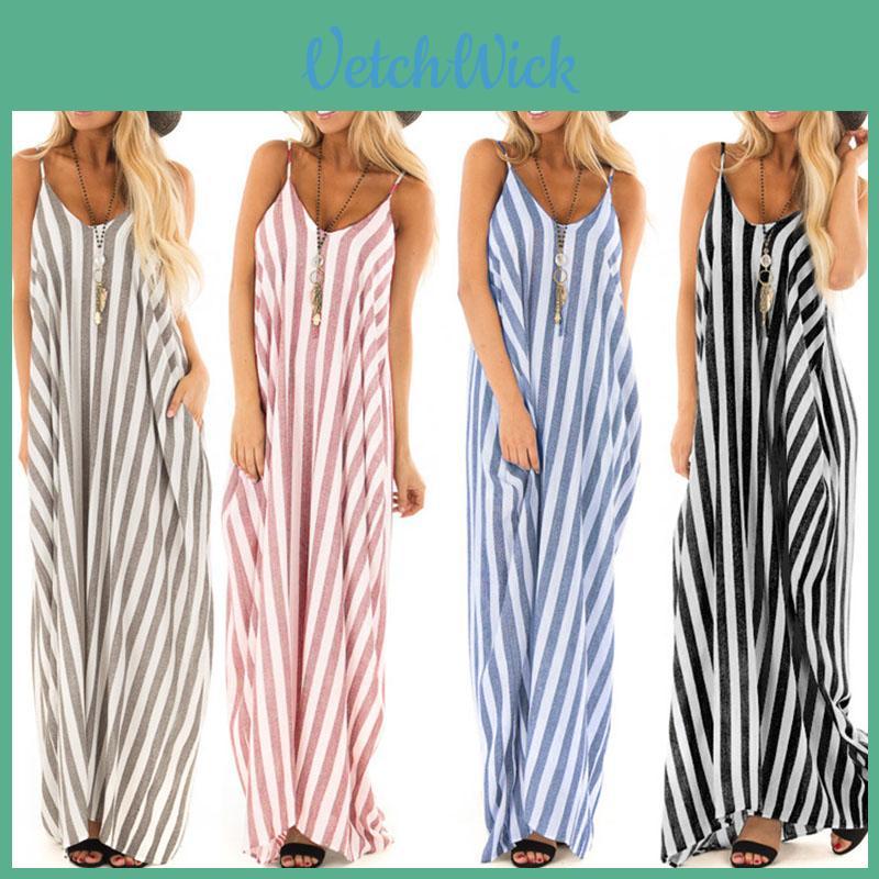 Comfortable And Oversized Women Summer Striped Long Maxi Dress For Casual Beach Days
