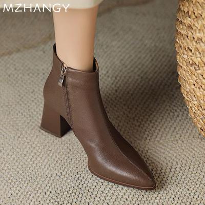 Mode Leder Klobige Stiefeletten Damen Hohe Absätze Spitzschuhe Frau 2024 Trend Reißverschluss Chelsea Boots Mode Winter Neu Mujer Botas
