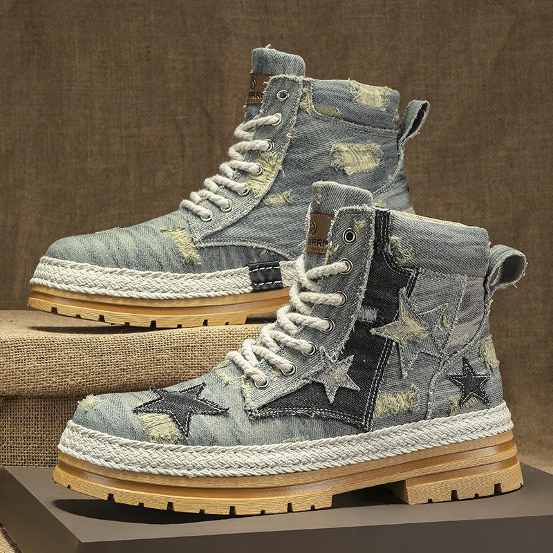 Autumn and Winter Straw-soled Denim Canvas Shoes Fashion Casual Thick-soled Tooling Boots High-top Lace-up Trend Martin Boots