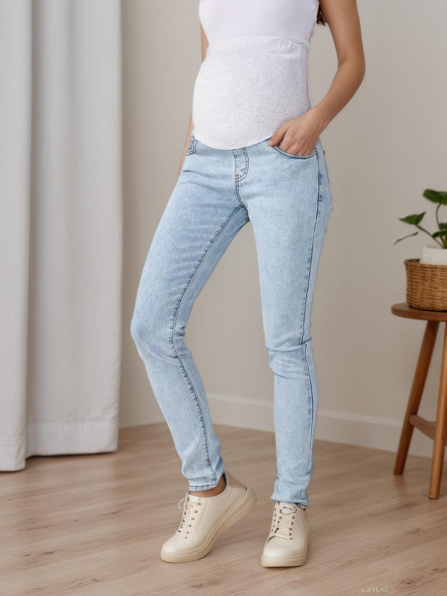 

8035 European & American Style Maternity Slim Fit High Waist Jeans with Belly Support for Spring XXL светло-синий