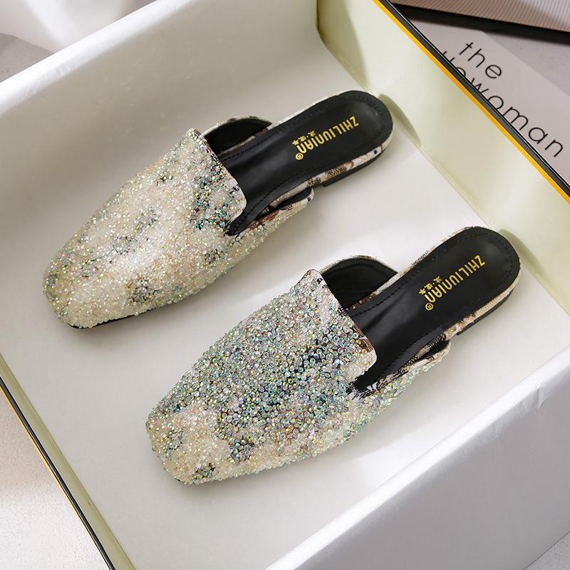 Fashion Celebrity Crystal Multicolor Mules Women Square Toe Slippers Summer Shoes Woman Sandals Flipflops Plus Size 40-43 Glitter Slides