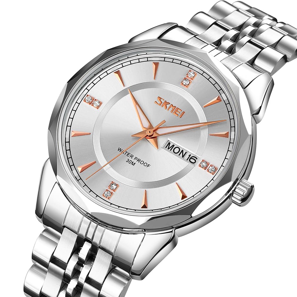 SKMEI Armbanduhr für Herren, Edelstahl, Business, klassisch, Armbanduhr, wasserdicht, analog, stilvoll, schlicht, Datum, Wochentag, Uhr, Luxus-Geschenk, Silber