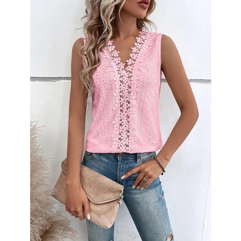 Damen Lässiges V-Ausschnitt Patchwork Spitze Ausgeschnitten Ärmelloses Weste T-Shirt Top