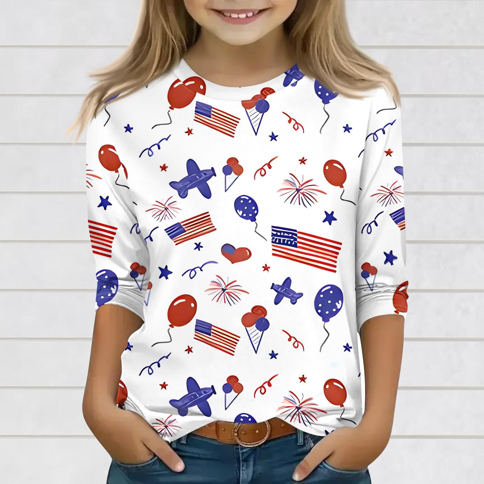 

Топы с принтом для девочек 3-10 лет с круглым вырезом и рукавами 3/4 Футболки Модные топы Наряды Футболки 140