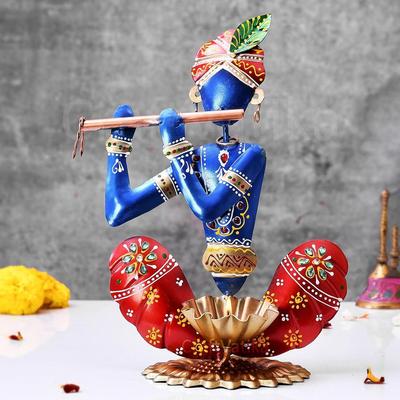 Home Decor Items - Home Decoration Gift for Living Room - House Warming Wedding Gift - Metal Krishna Showpiece - Handpainted Flute Krishna for Gift
