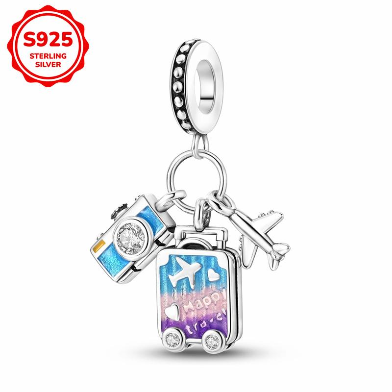 925 Silver travel Airplane and luggage Charms Beads Fits 3mm Bracelet Necklace DIY Women Jewelry Gifts