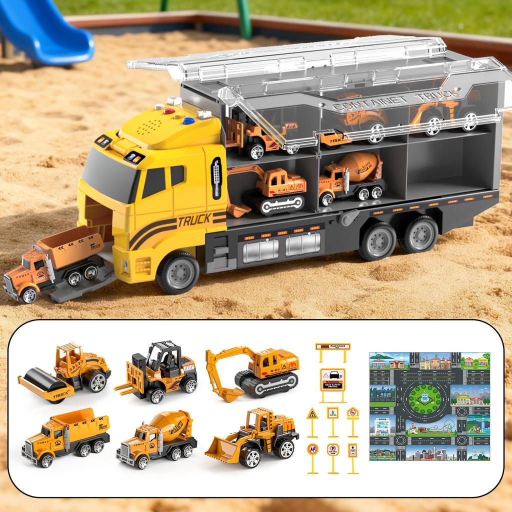7-in-1Construction Truck Toy,Battery-Powered Carrier Vehicle Set with Crane,Dump Truck,Forklift,Wheelbarrow,Realistic Sound Moving Parts,with Play Mat