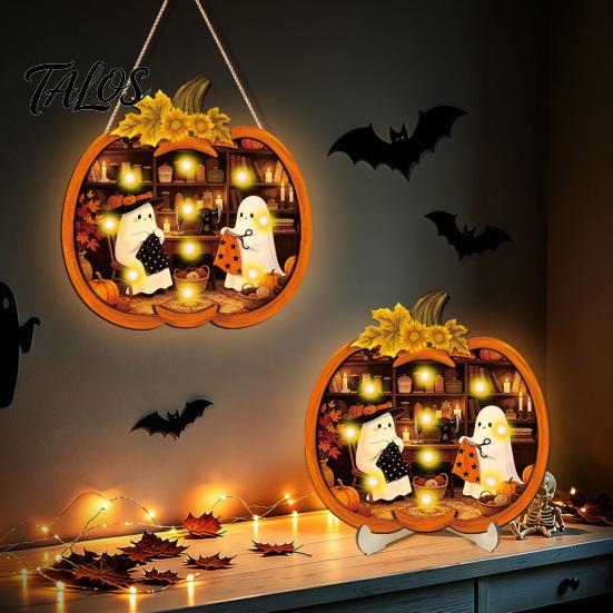 Festive Decor Halloween Door Sign, Glowing Ghost Hanging Decor, Wooden LED Window Theme Ornament for Party, Spooky Wall Pendant Home Decorative Props