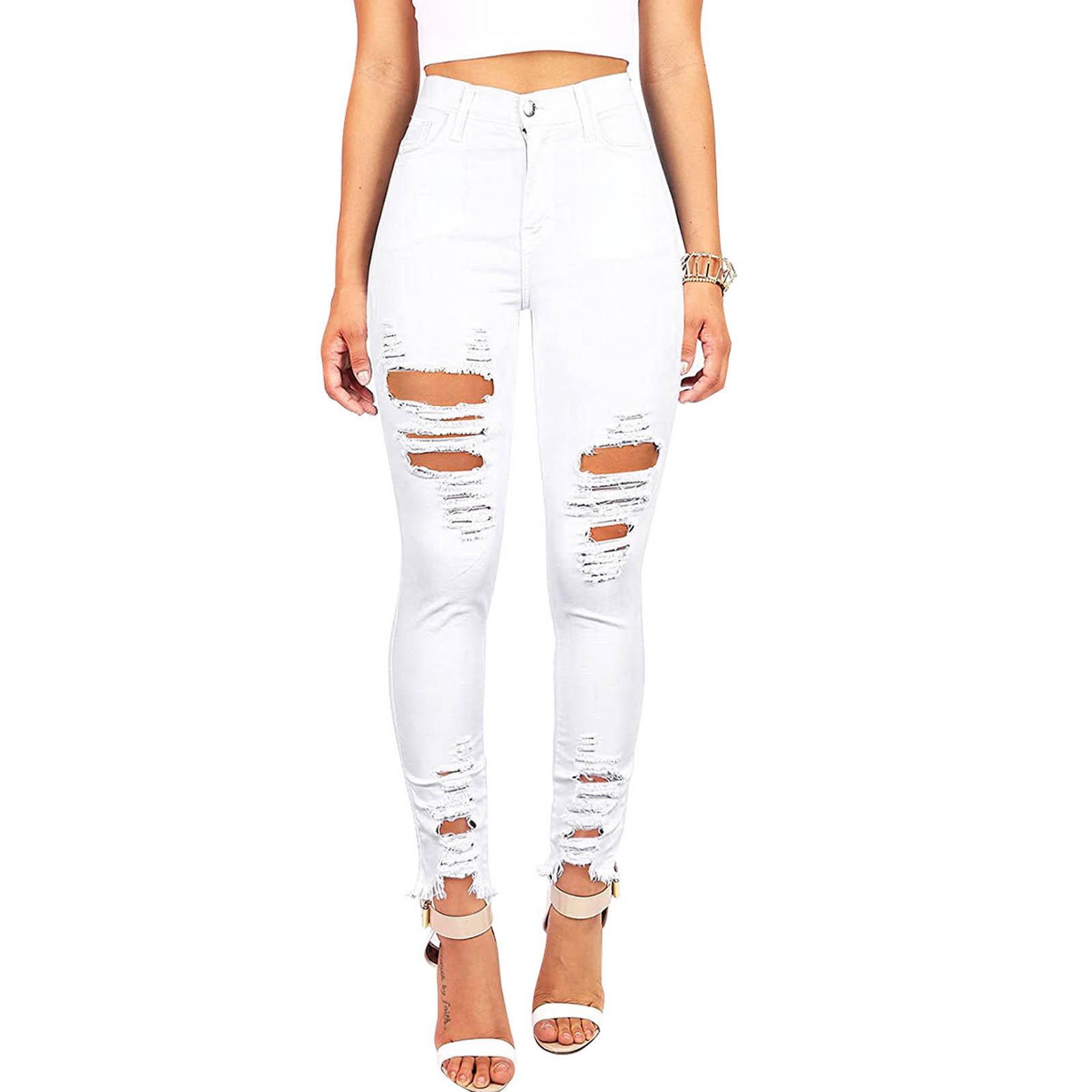 Fashion Women Button High Waist Pocket Jeans Trousers Hole Denim Pants XXL белый