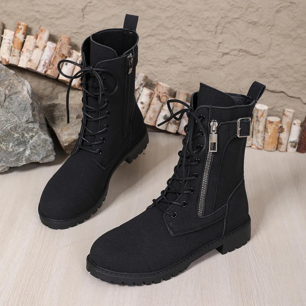 Mid-Calf Women Boots  Autumn/Winter Round-Toe Fashion Belt Buckle Black Side Zipper Fashion Botas Retro Women Shoes Platform