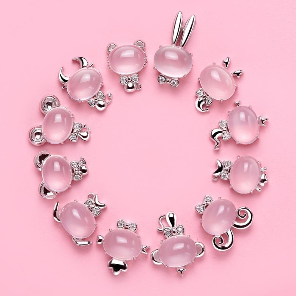 

Women Silver Zodiac Necklace with Pink Quartz Pendant for Good Luck and Fortune in Chinese New Year TAOTAORAT
