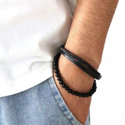 Men's Cross Beaded Volcanic Stone & Leather Multi-layer Bracelet