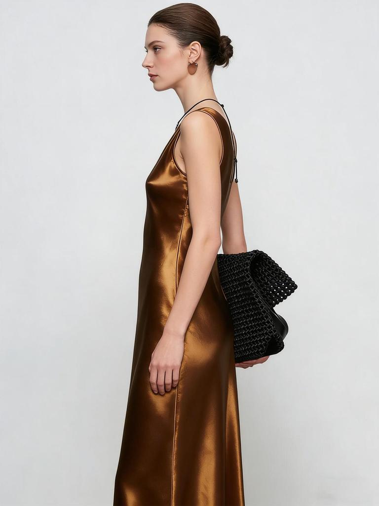 Elegant Satin Slim-Fit U-Neck Sleeveless Dress for Seaside Vacations