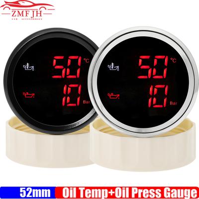 Red LED 2" 52mm  2 IN 1 Gauge 50~150℃ Oil Temperature Meter+Oil Pressure Gauge 0-10 Bar with Alarm for Boat Car 12V 24V