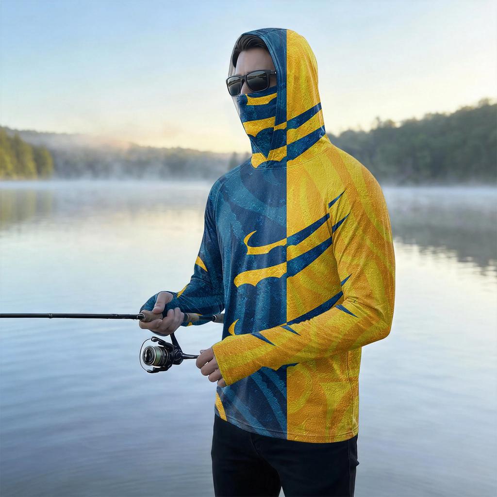 Men's Casual Outdoor Hoodie Long Sleeve Sun Protection Top Lightweight Breathable Striped Printed Hooded Shirt for Sports Hiking Fishing