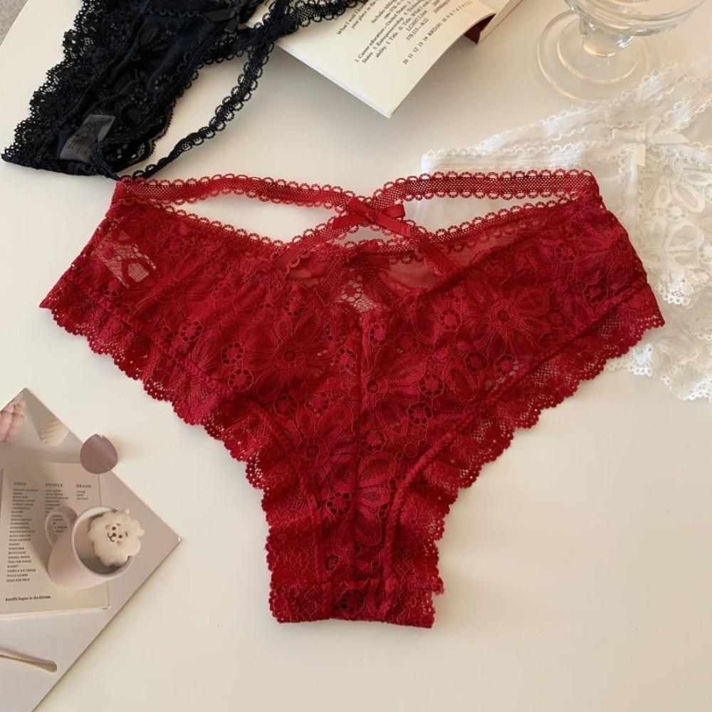 Fashion Bow Lace Flower Panties Low Waist Hollow Lace Mesh Briefs Transparent French Style Briefs Gifts