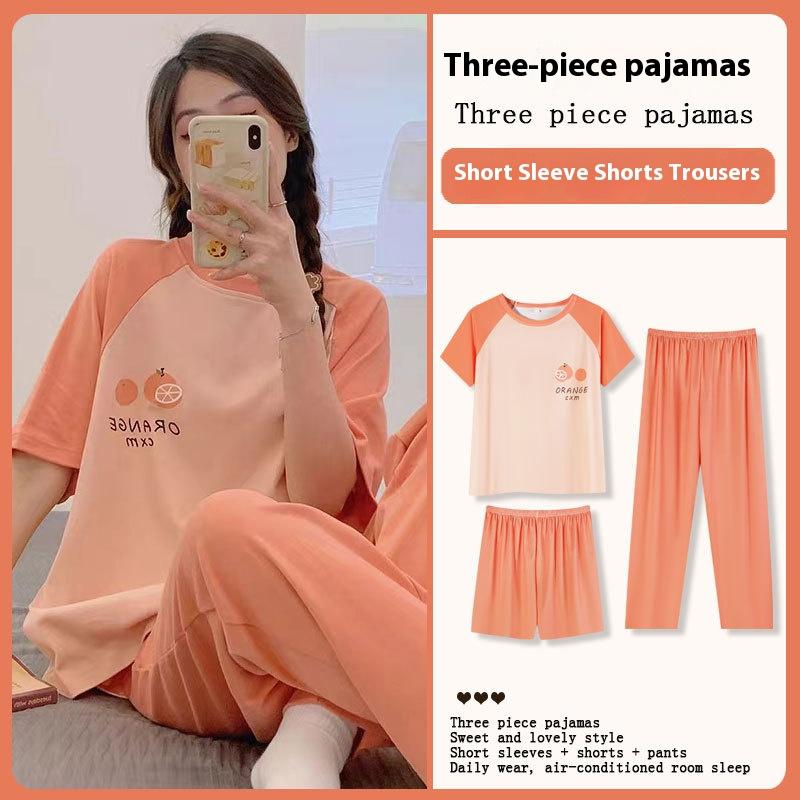 

Комплект из трех предметов с короткими рукавами, семь брюк, пижама женская летняя, с героями мультфильмов, весна и осень, домашняя одежда, пижама, тонкий срез L оранжевый