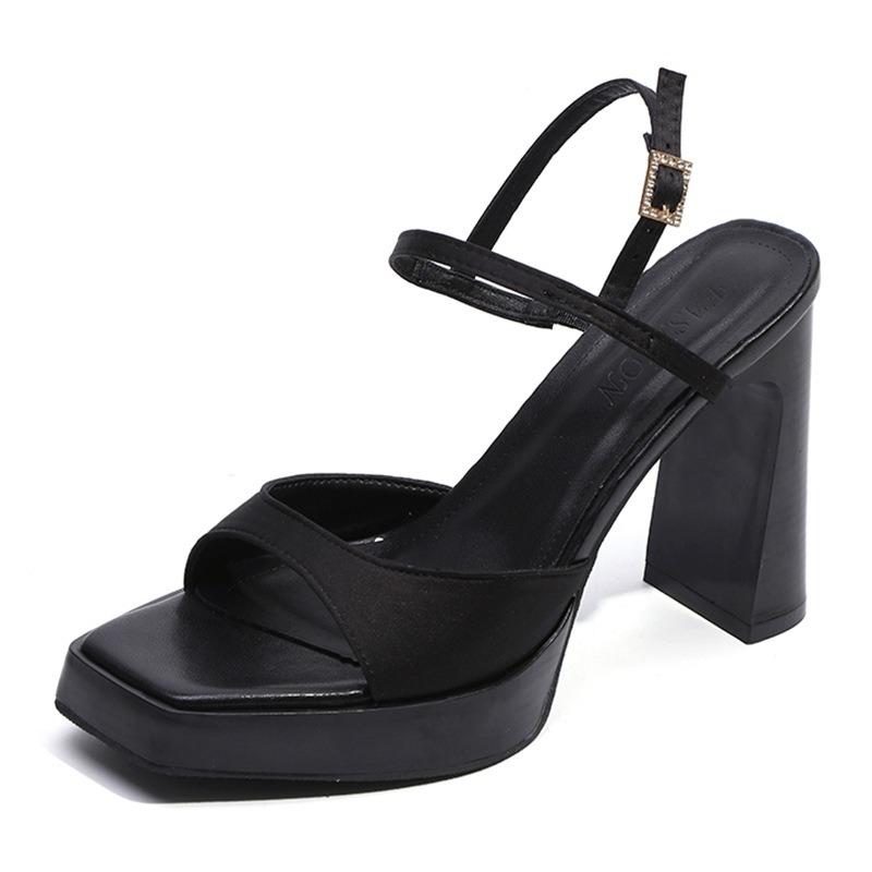Zhao Ruth~ Sexy thick-soled waterproof table sandals for women's summer super high-heeled satin thick-heeled black high-heeled shoes for women