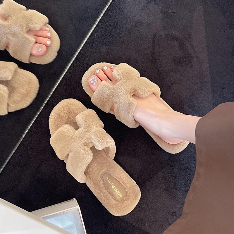Thick-soled fluffy slippers women's wear 2025 new autumn and winter Internet celebrity rabbit fluffy fluffy shoes one-word cotton slippers