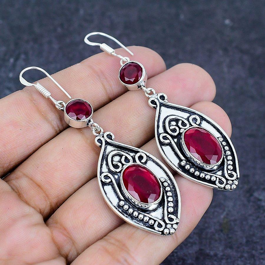 Natural Garnet Gemstone Handmade 925 Sterling Silver Earring 2.76" O8e11