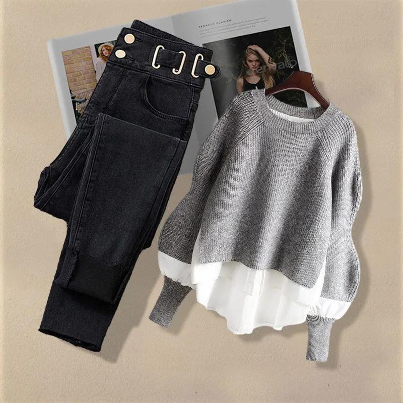 Dames Lente- en Herfstpak Plus Size Ronde Hals Top met Lange Mouwen + Skinny Jeans Tweedelige Set