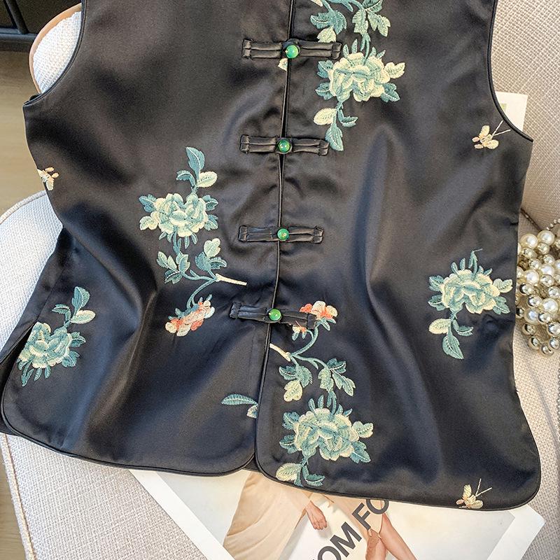 Spring & Fall Retro V-Neck Satin Embroidered Hanfu Vest with Frog Button