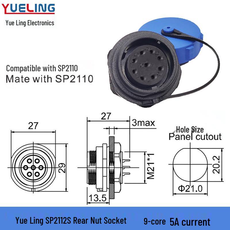 Weipu SP21 IP68 Waterproof 3-Core Aviation Plug with Rear Nut, 9-Pin Solder Connection.
