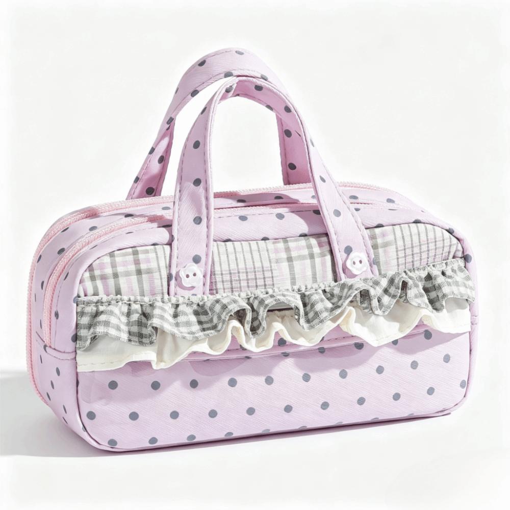 Plaid Polka Dot Lace Pencil Case Large Capacity Lace Stationery Bag Lace Pen Bag  Gift Giving
