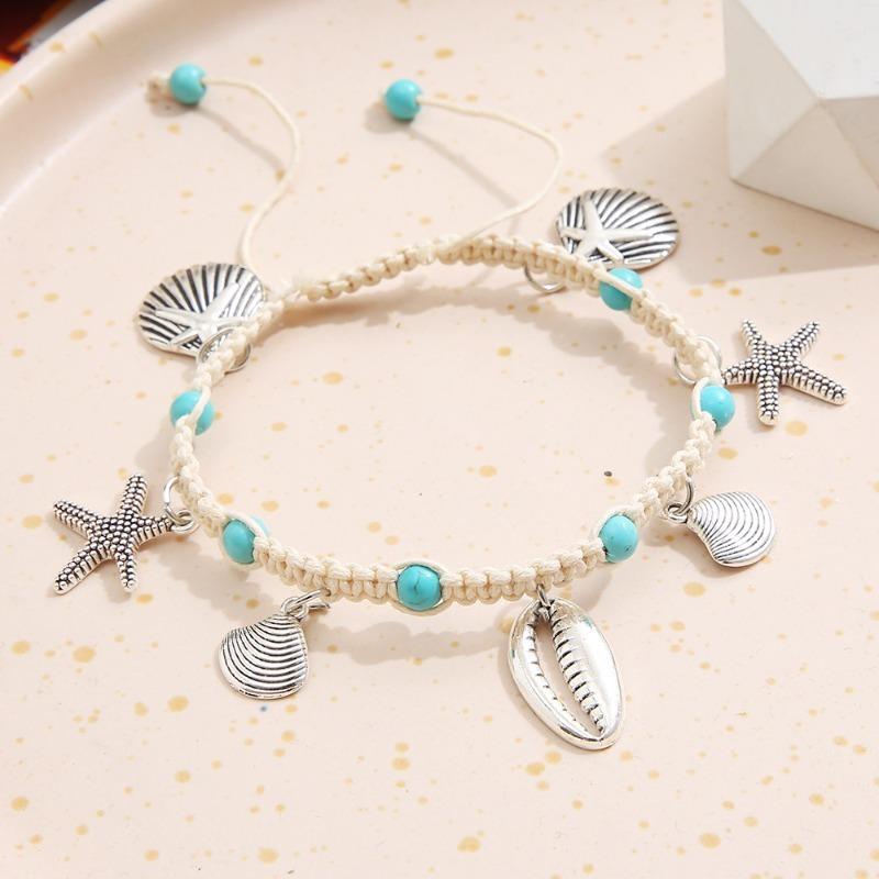 New Ankle Chain, Shell, Small Starfish, Turtle, Rice Bead, Irregular Turquoise Bead, Seaside Vacation Style Foot Accessory