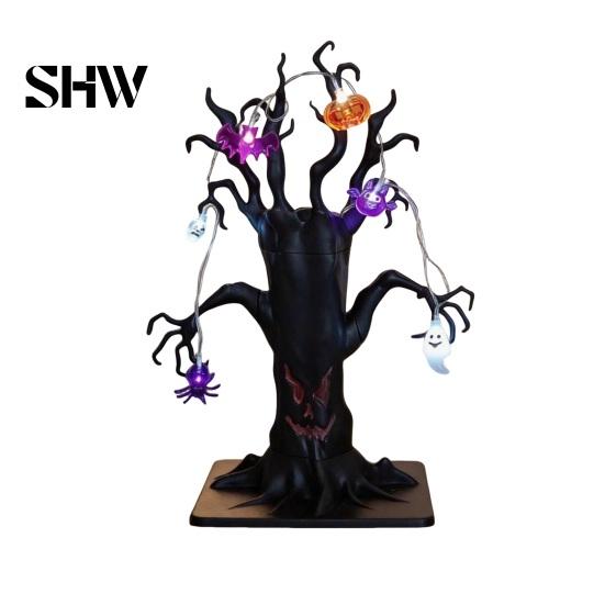 Decorative Resin Tree for Home Lighted Halloween Spooky Dead Tabletop Decor, Ghost Face Haunted LED Creepy Decor with Pumpkin Spider String