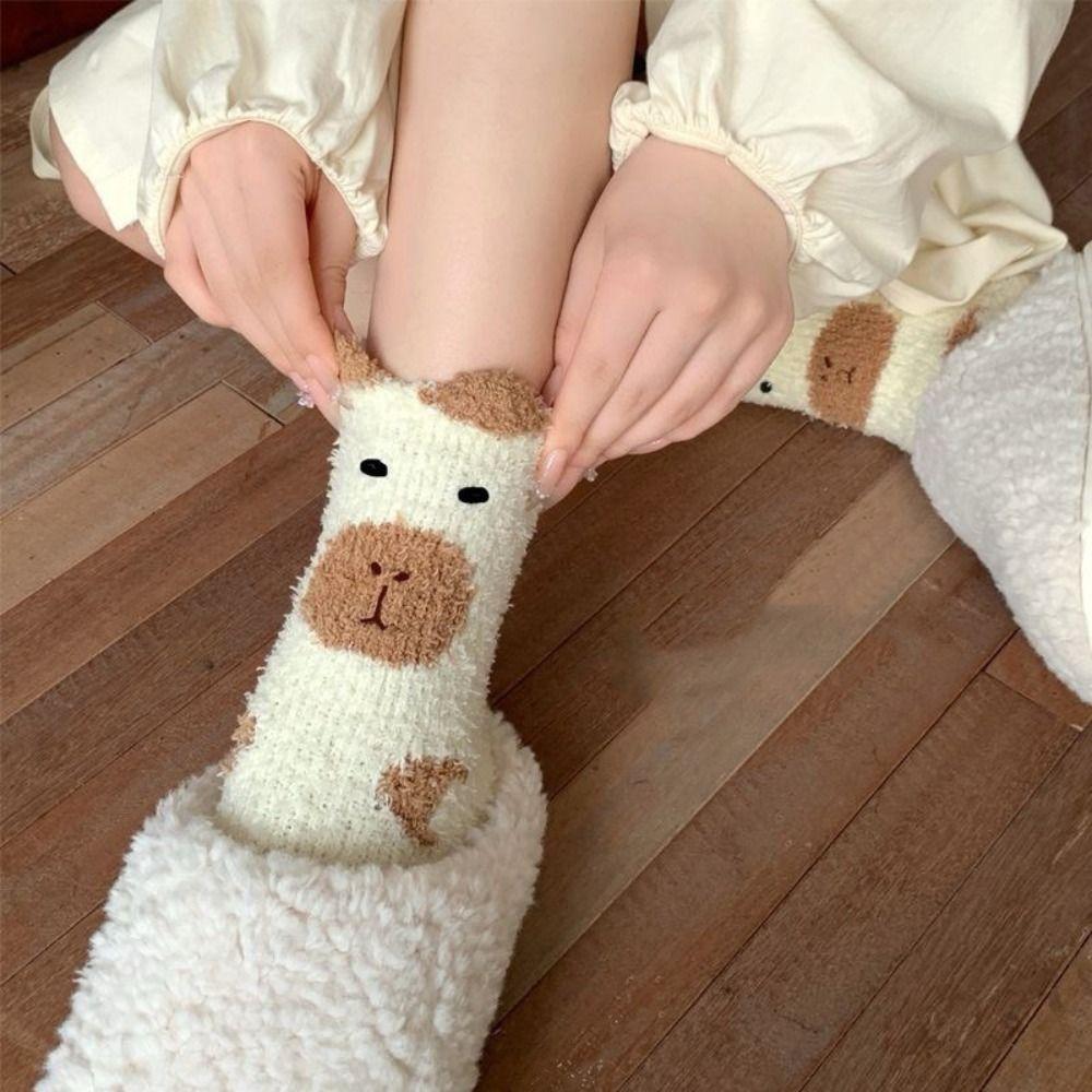 5Pairs Plush Coral Fleece Socks Warm Sleeping Socks Women Cute Capybara Fleece Socks Fall Winter