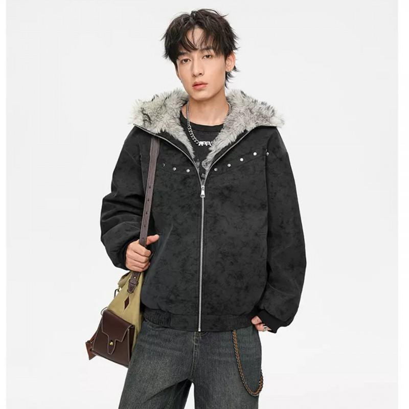 Mens Hooded PU Leather Cotton Jacket Rivet Decor Winter Warm Loose Coat