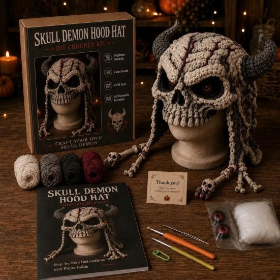 Crochet Starter Kit Fantasy Hood Kit, Cute Animal Hat DIY Dragon Unicorn Creative Gift for Crafters Skull Earflap Craft Adults, Handmade Halloween