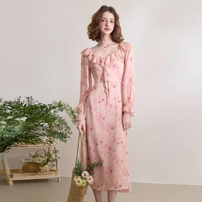 Xiyu French Floral Long Sleeve Ruffle Midi Dress