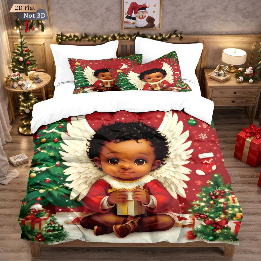 Three-piece Christmas Bedding Set, Brushed Duvet Cover and Pillowcase Set with Santa Claus Digital Print