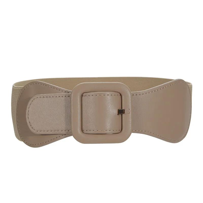 

Women s Fashion Wide Belt Square Pin Buckle Imitation leather elastic Waist Strap Costume matching decoration Dress Waistband fk girdle 6cm X75cm хакі