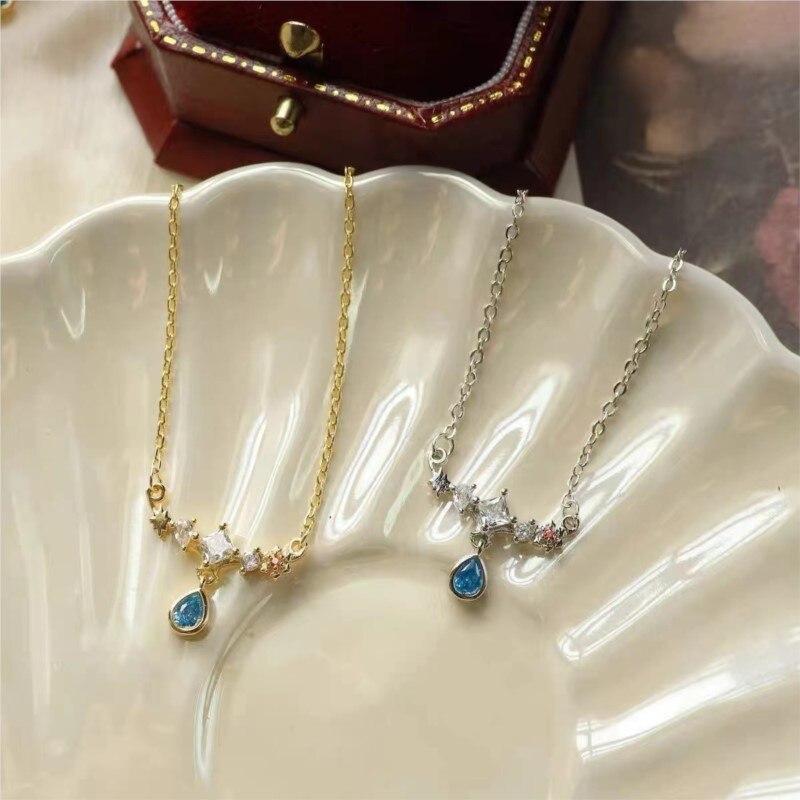 ANENJERY Blue Zircon Water Drop Star Necklace for Women Light Luxury Niche Design New Fashion Clavicle Chain Exquisite Pendant