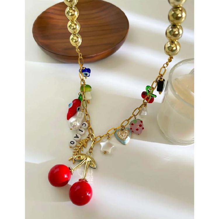 Whimsical Cherry Charm Necklace Dopamine Style Jewelry Sturdy Stainless Steel Chain For Everyday