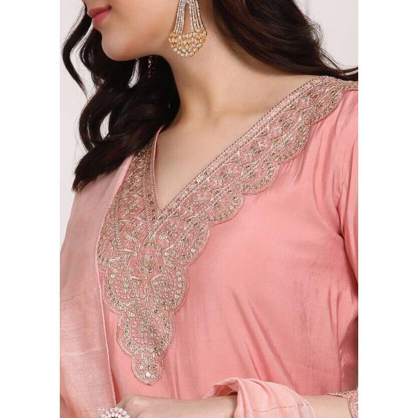 Indian Women Pure Silk Kurti Pant Dupatta Set Embroidered Salwar Kameez Party VF-20155