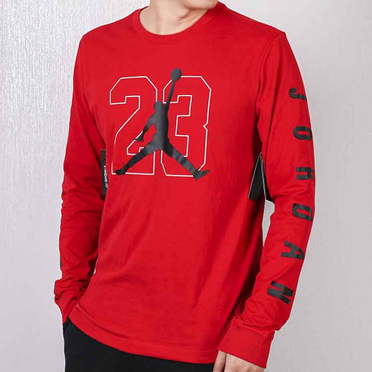 Jordan Big Logo Basketball Digital Print Casual Breathable Sport Round Neck Long Sleeve T-Shirt Men Tops Red AQ3702-687